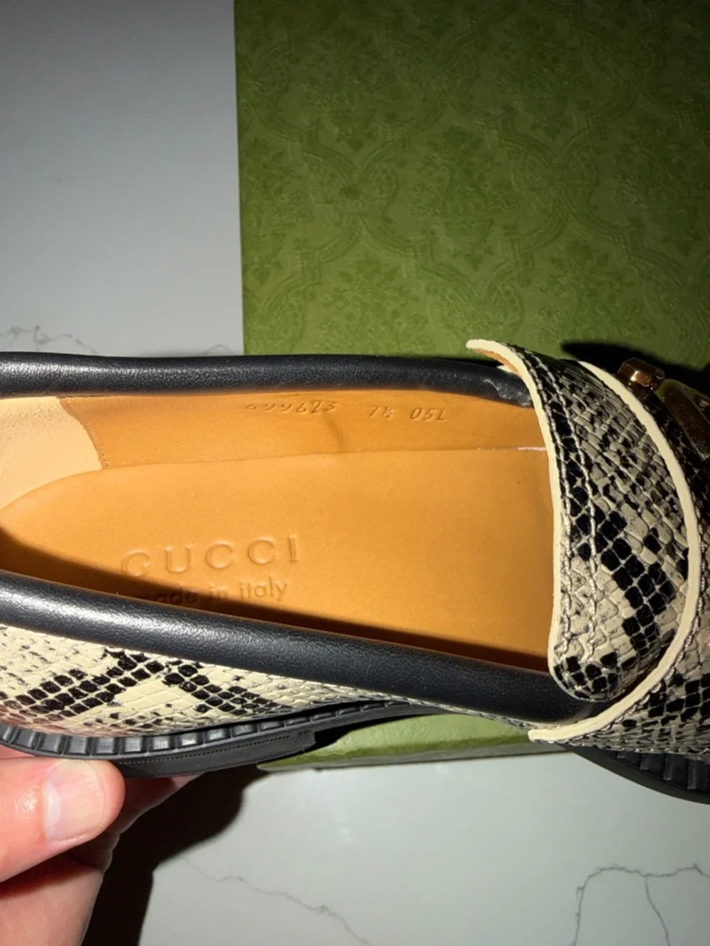 Gucci Black & White Snake-Print Marmont Loafers with Gold GG Authentic!!